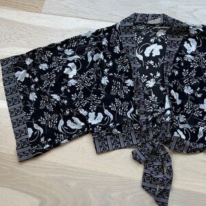 Floral Sheer Black and White Kimono Top with Tie Front